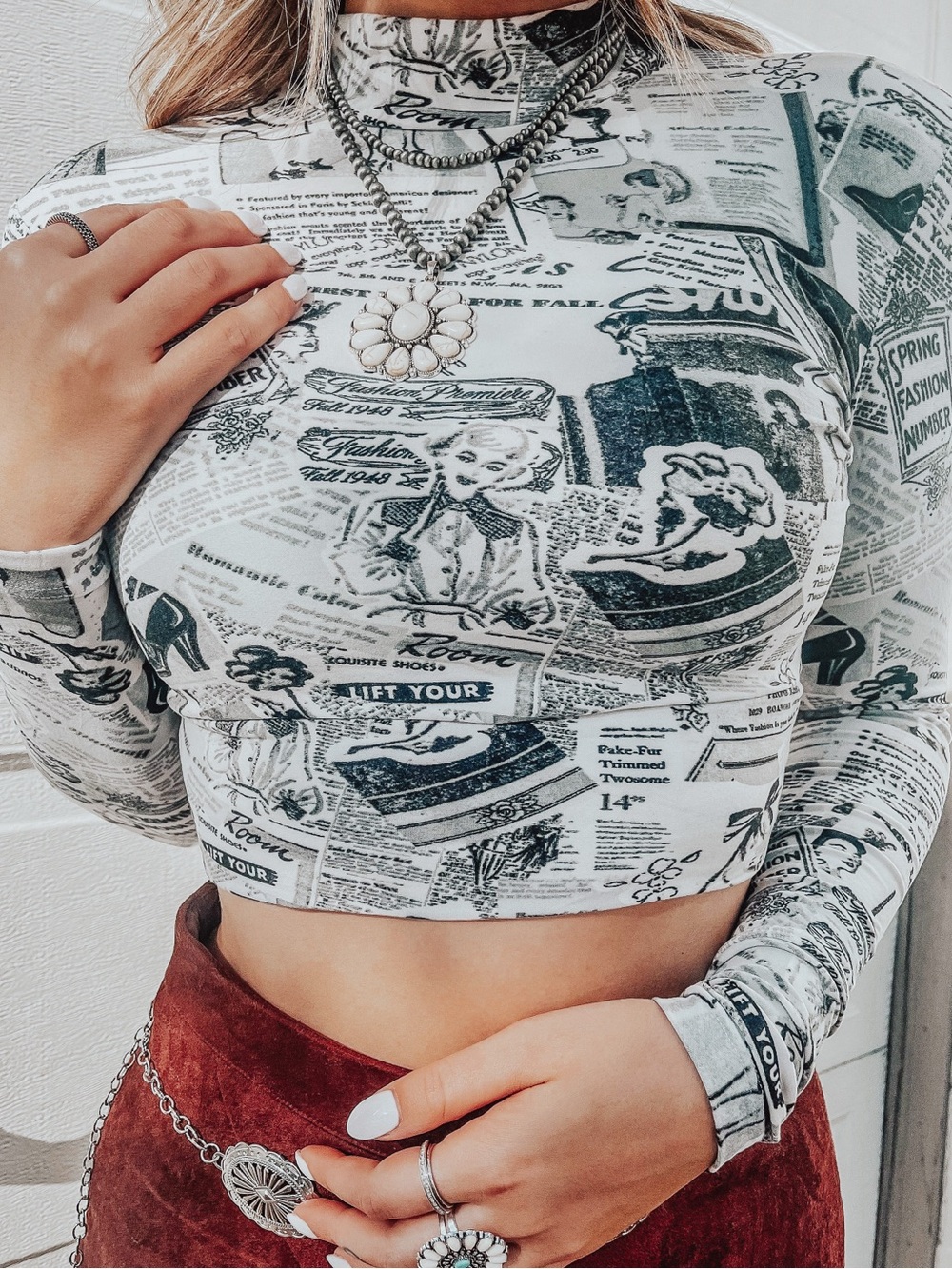 Newspaper Print Mock Neck Crop Top